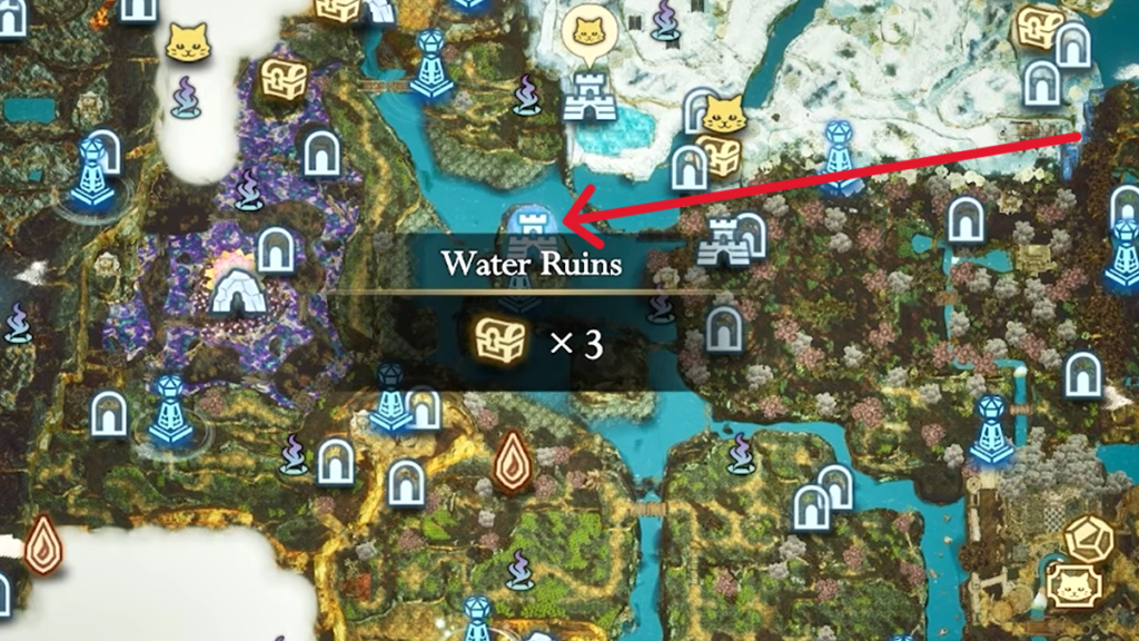 The location of the "Water Ruins" for the Age of Reconstruction is marked on the map here.