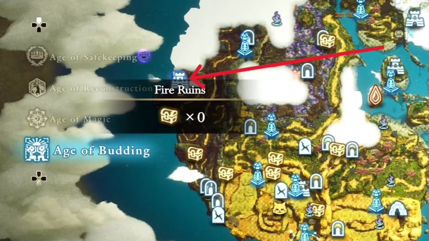 The location of the "Fire Ruins" for the Age of Budding is marked on the map here. 