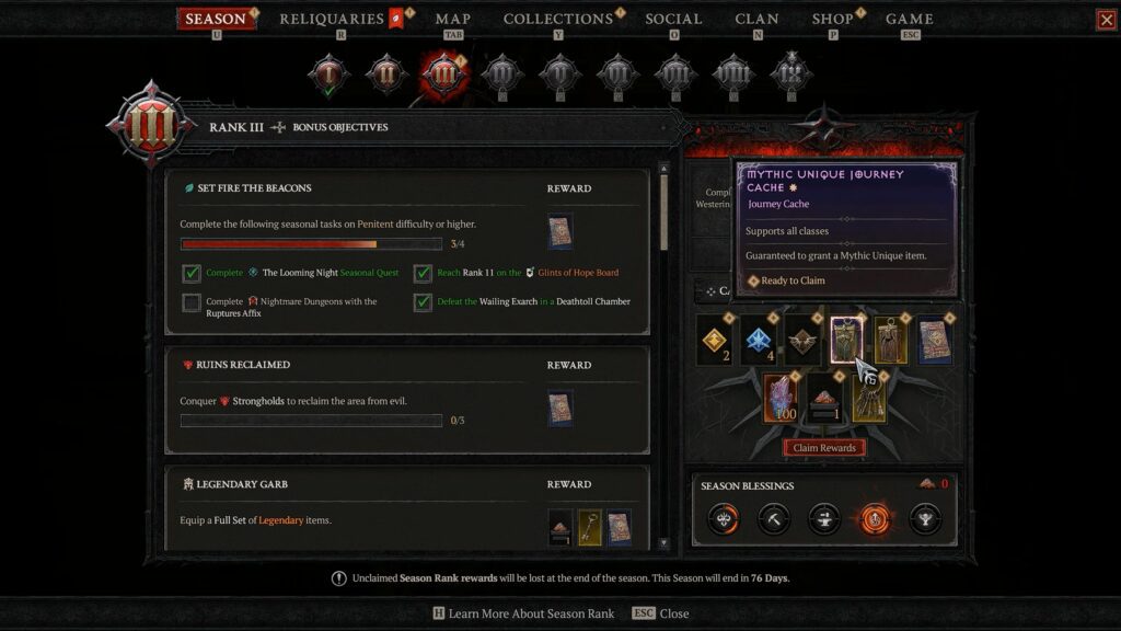 Mythic Unique Journey Cache Season Rank III reward in Diablo 4 Season 14