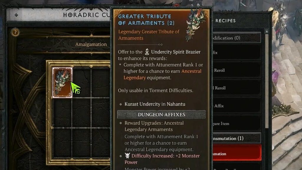 Greater Tribute of Armaments from Horadric Cube in Diablo 4