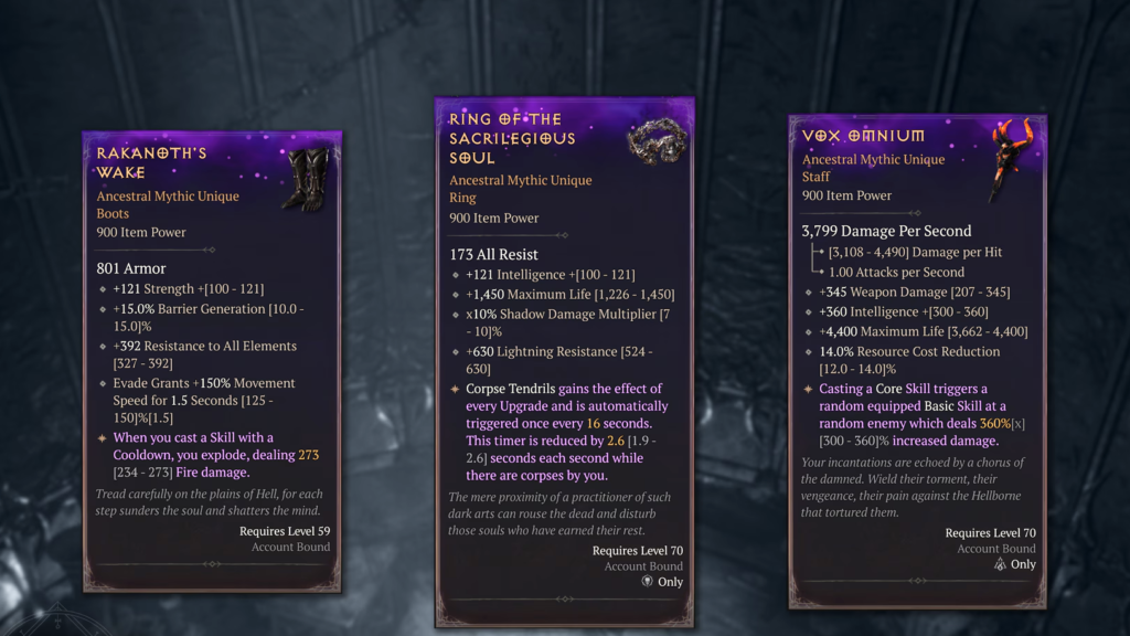 Examples of Mythic Uniques. 