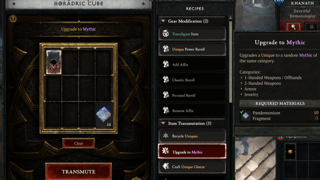 Upgrading a Unique to Mythic through the Horadic Cube. 