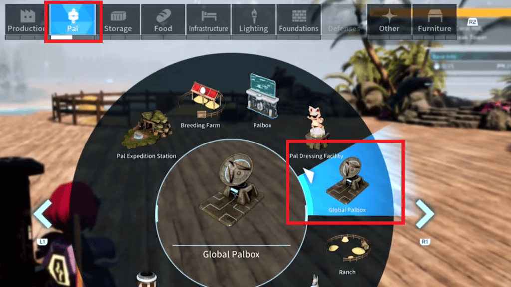 Select the "Global Palbox" from the "Pal" tab in the build menu. 