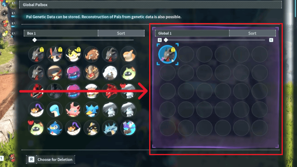 Example of transferring Pals from a normal Palbox to the Global Palbox. 