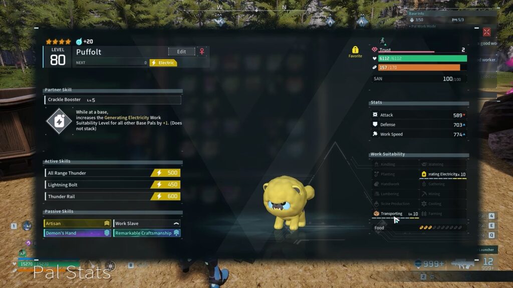Example of a Puffolt with maxed Work Suitability | Palworld 1.0 Best Base Pals for Every Job