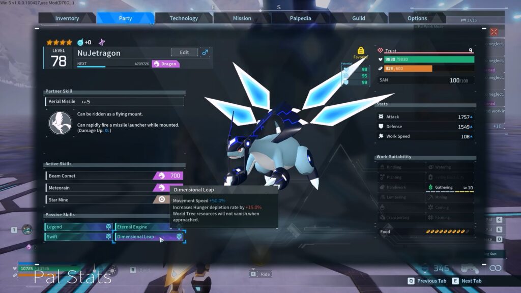 Pal with Dimensional Leap, one of the new World Tree Passive Skills in Palworld 1.0