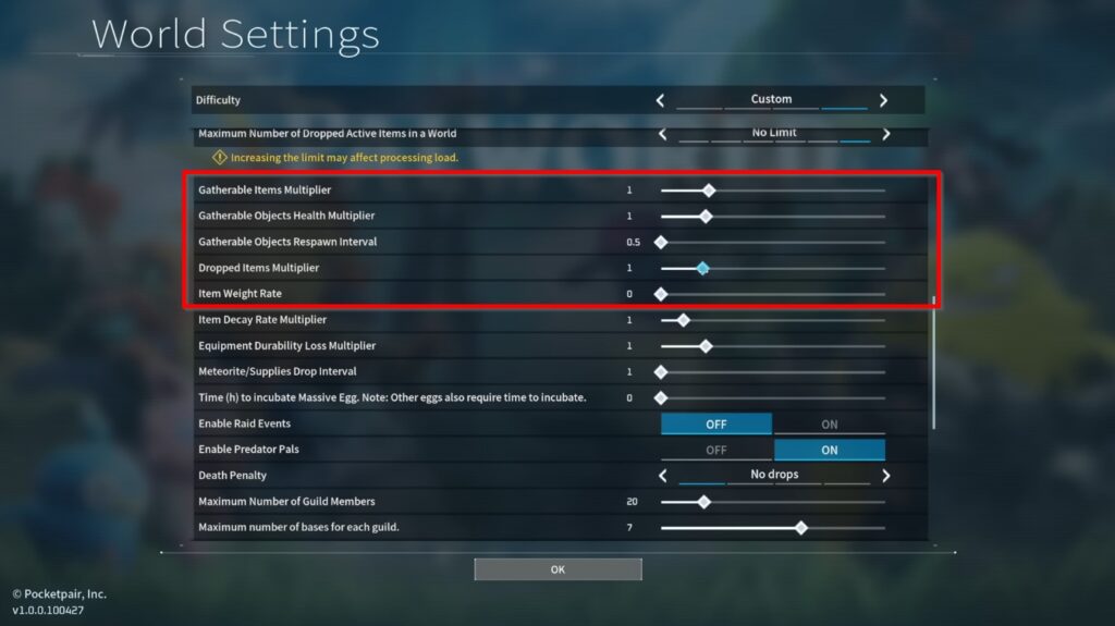 Gathering Settings Palworld
