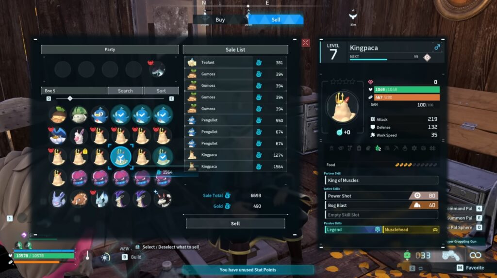 Selling Pals for Gold Coin Palworld