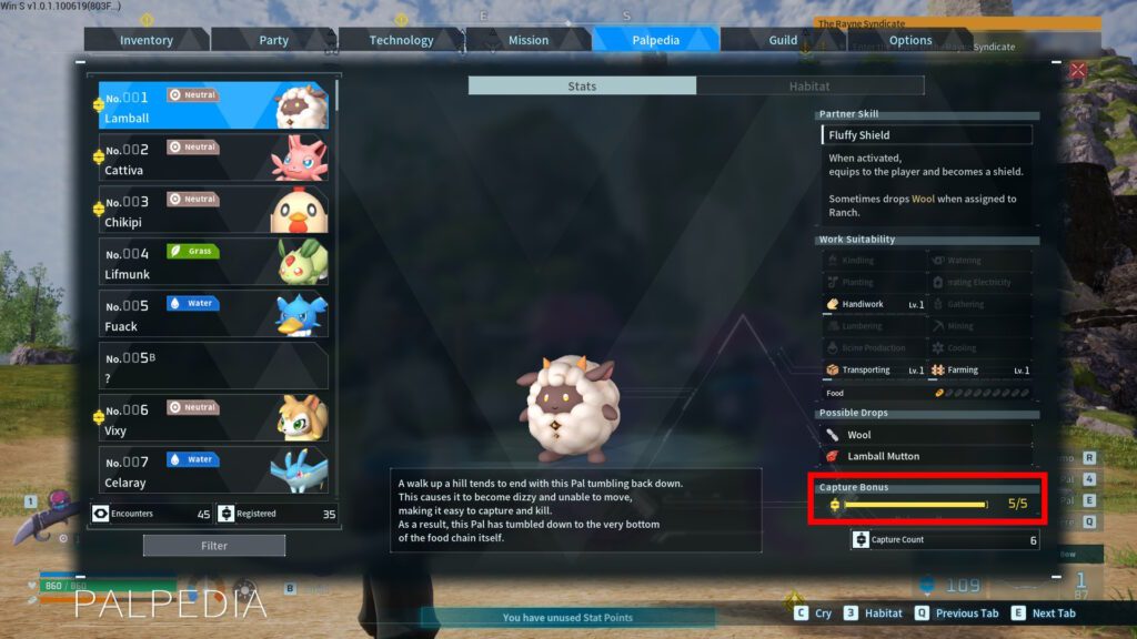Pal Capture Bonus tracker in the Paldeck in Palworld