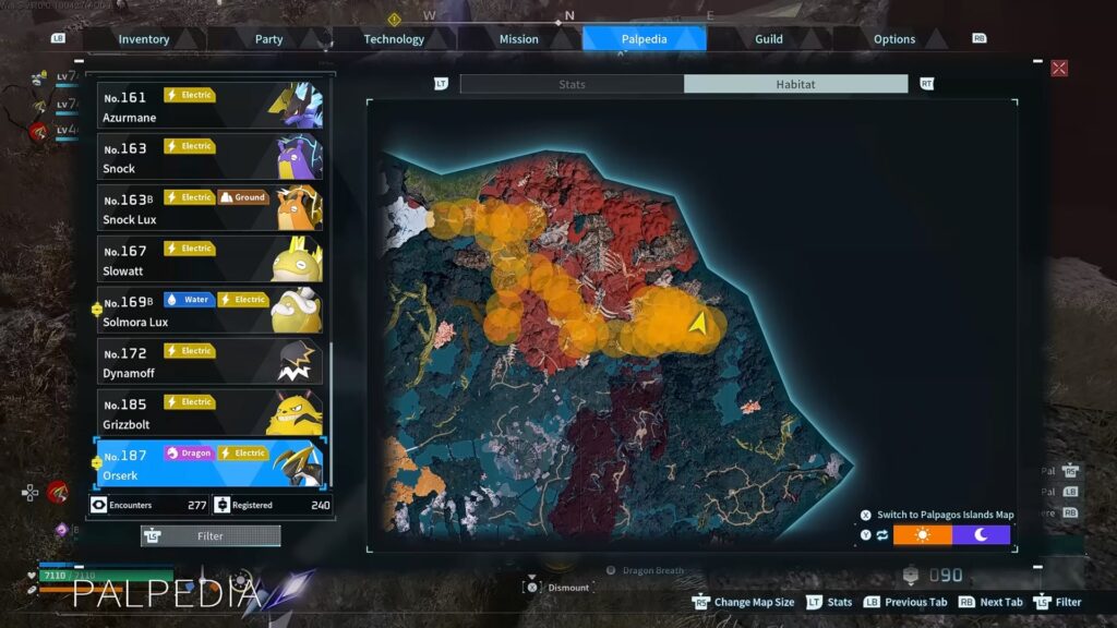 Orserk's habitat in the Palpedia in Palworld 1.0