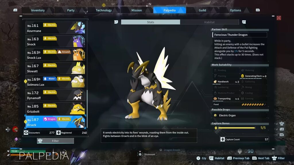 Orserk in the Palpedia in Palworld 1.0