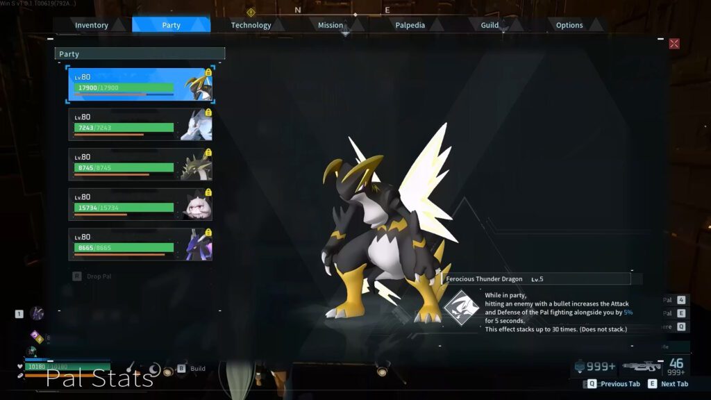 Orserk, Vanwyrm Cyst, Cryolinx Terra, Solenne, and Celesdir Noct team in Palworld